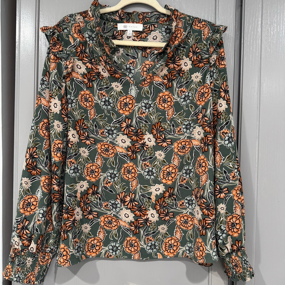 Olive Floral Ruffle-Neck Blouse with Orange Accents